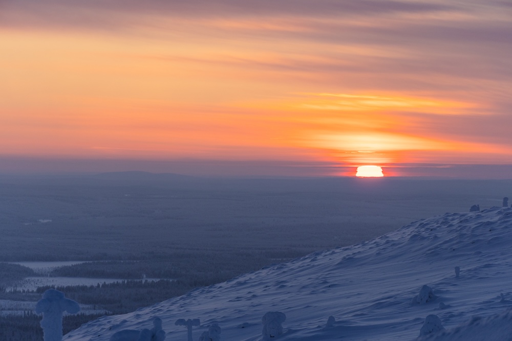 Stunning sunset landscape from the top of Pyhä Ski Resort