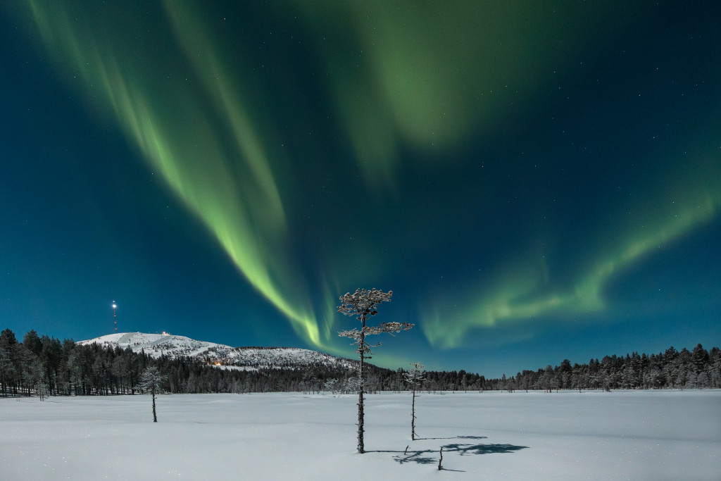 Northern lights above Pyhä Ski Resort in Lapland, Finland