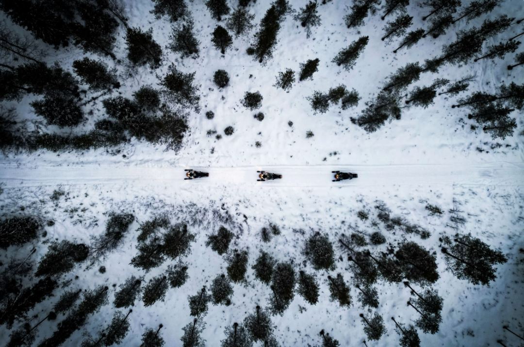 Snowmobiles from above with a drone, driving through a forest in Finland