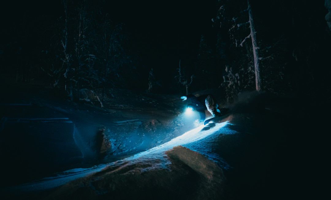 Snowboarding during dark, Pyhä Ski Resort, Lapland