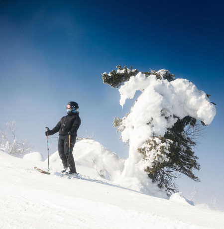Laskettelija paistattelee päivää rinteessä