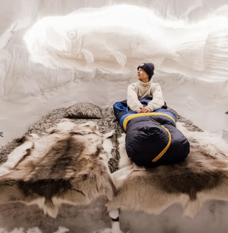 A person is laying in a bed made of ice, on a reindeer fur inside a snow igloo