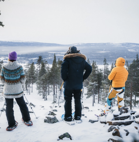 Three people on snowshoes on an early winter day on top of fell Soutaja