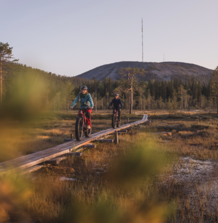 Two people pictured from behind a tree growing in a swampy area of Pyhä-Luosto, with fells in the horizon and sunset laying a soft warm light to the waterlands and pine trees