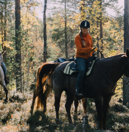 Kaksi henkilöä ratsastamassa kesäisen metsän siimeksessä kolmannen hevosen seuratessa opas ratsastajaa.