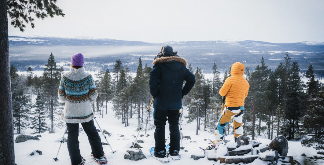 Three people on snowshoes on an early winter day on top of fell Soutaja